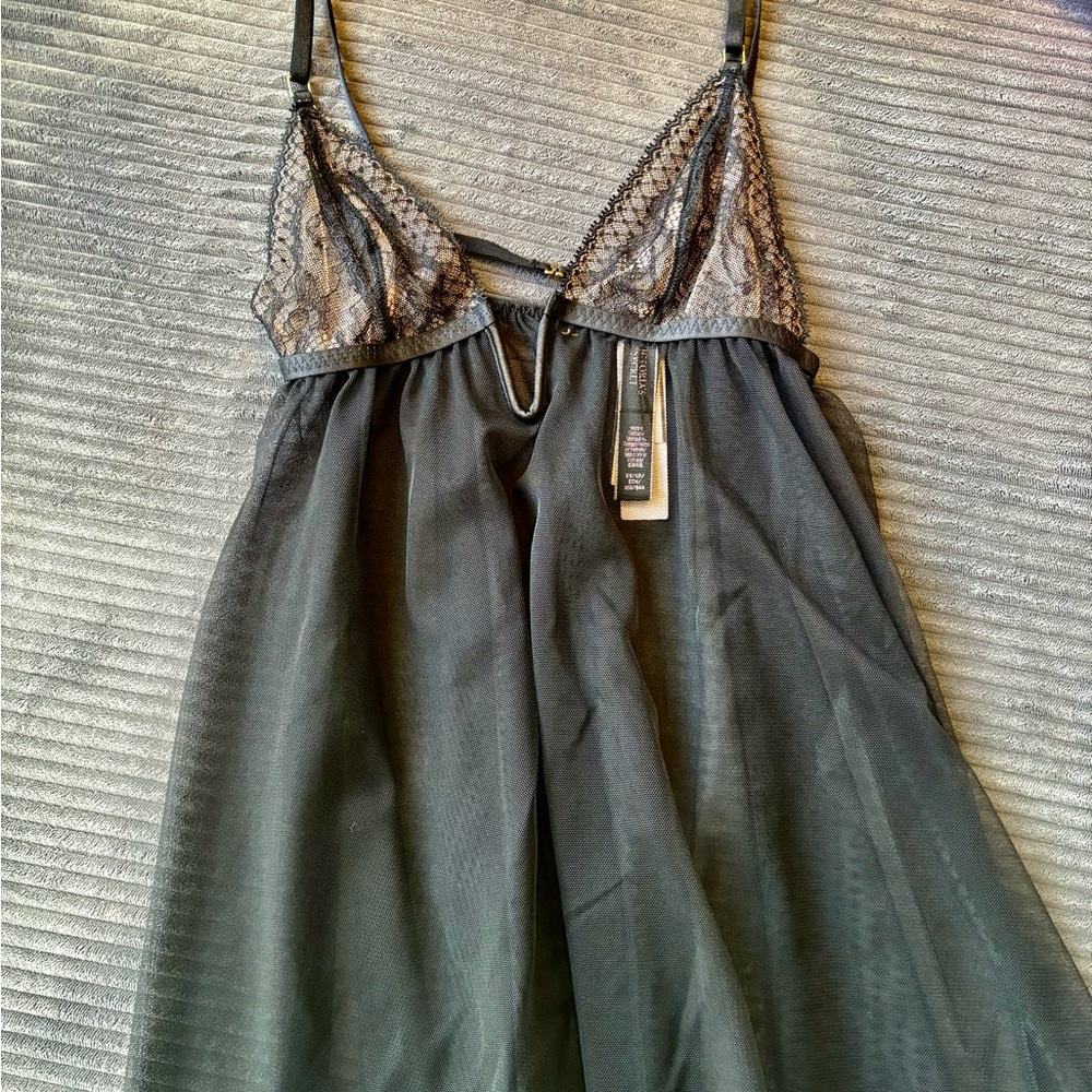Victoria's Secret Nightgown Baby Doll Lingerie Mesh Lace Black 1 Piece